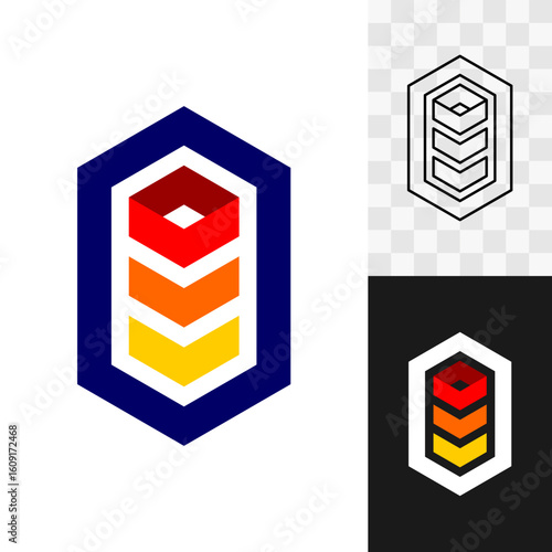 Abstract 3D box geometric tech logo icon. Long vertical hex shape border with technical type elements inside. Computer data storage theme hexagonal symbol.
