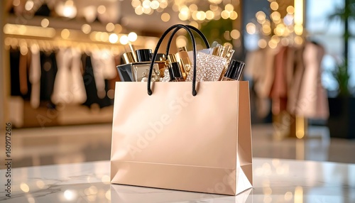 Beige shopping bag overflowing with beauty products in a luxury store