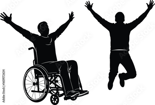 Empowerment silhouette, wheelchair and jumping pose, celebrating diversity, inclusion concept illustration, overcoming adversity artwork, accessible design, unity image