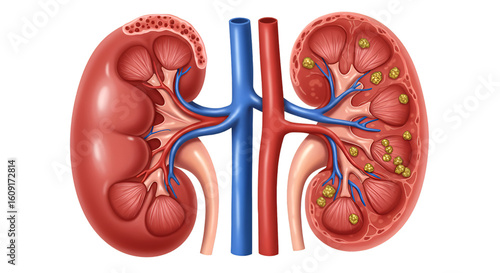 Anatomical illustration comparing a healthy human kidney with one affected by kidney stones, detailing internal structures and vascular connections.