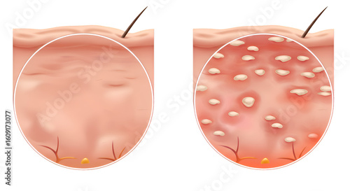 Detailed medical illustration comparing healthy skin to skin affected by a condition.