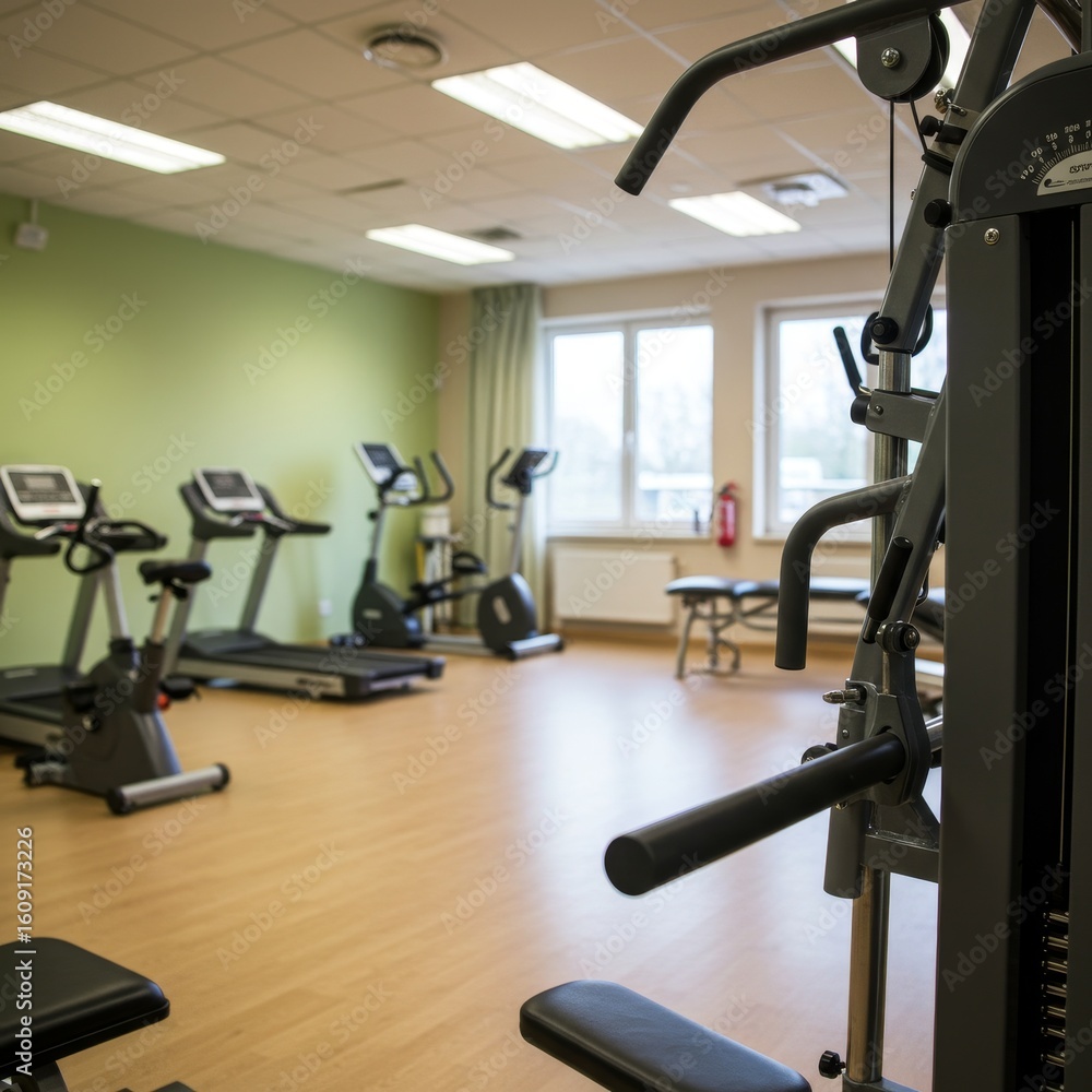 Obraz premium Bright fitness with exercise machines and natural light.