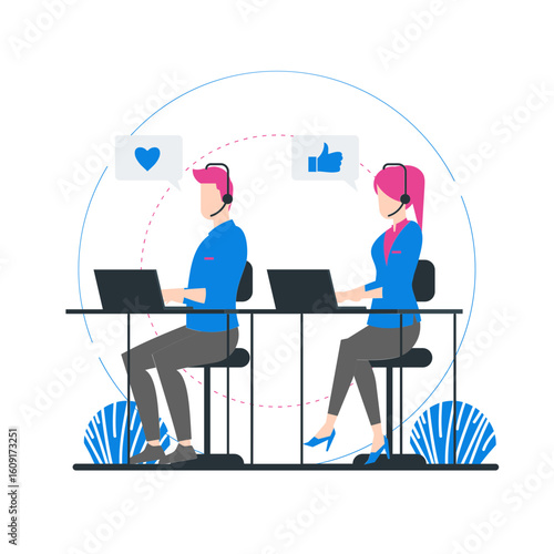 Customer Service. Customer service operators with headsets and laptops isolated on transparent background