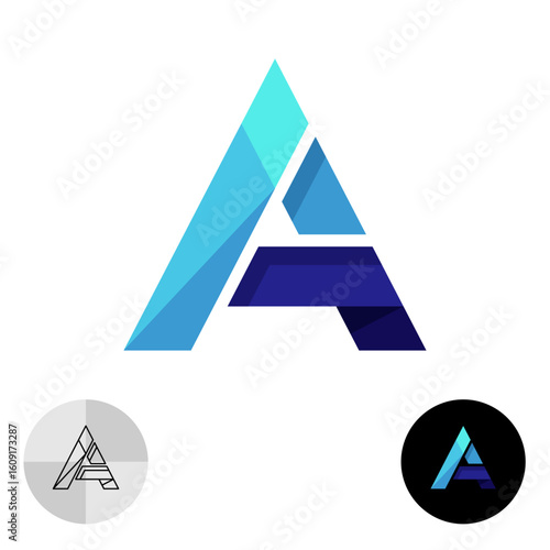 Letter A creative logo with shadows and overlays. Triangle geometric cornered style initial letter symbol in blue colors divided into parts