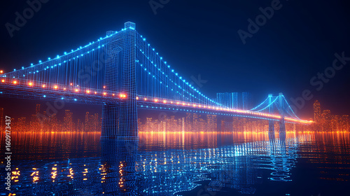 Futuristic Neon Bridge Spanning Illuminated Cityscape at Night