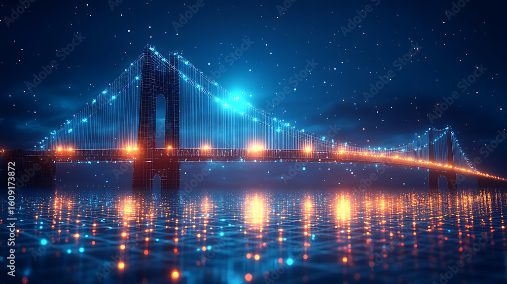 Fototapeta premium Futuristic Suspension Bridge at Night Digital Network Concept