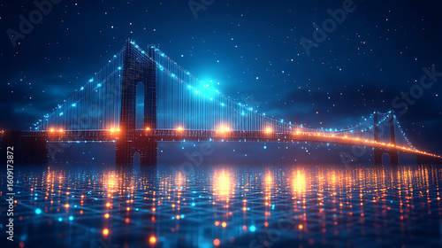 Futuristic Suspension Bridge at Night Digital Network Concept
