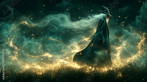 Enigmatic Wizard Walking Through a Field of Sparkling Stardust