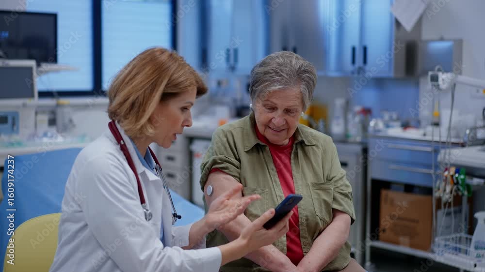 Endocrinologist teaching older patient how to connect continuous glucose monitor with mobil app.