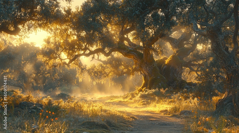 Obraz premium Sunlit path through ancient trees