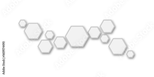 An abstract arrangement of interconnected hexagonal shapes in subtle white and light gray, with soft shadows, creating a minimalist and modern honeycomb-like pattern on a clean white background.