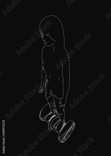 A little girl rides a hoverboard with confident posture, captured in black and white contour illustration. The dynamic pose contrasts against a dark background, emphasizing motion and simplicity.