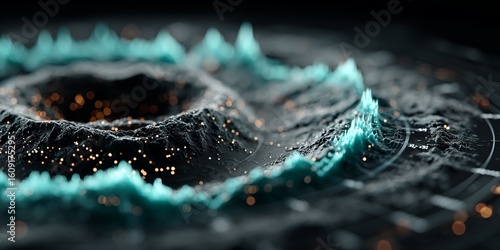 Futuristic 3d terrain visualization with circular crater structure, glowing particles and neon blue peaks