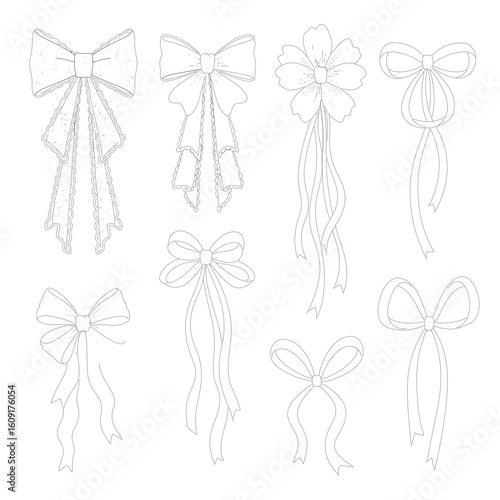 One-page line art illustration of 8 decorative ribbons — including lacy bows, floral-style ties, long trailing ends, and stylized ribbon loops. 