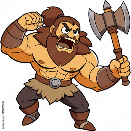 Powerful cartoon barbarian or berserker character in a battle pose.