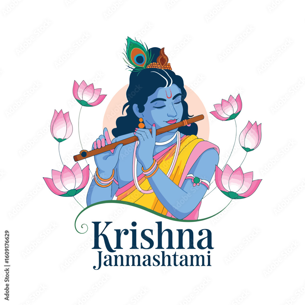 Naklejka premium Krishna Janmashtami Illustration with Flute, Lotus and Peacock