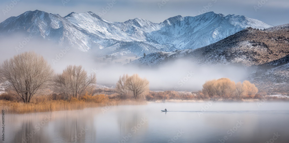 Fototapeta premium Misty Mountain Landscape With Calm River
