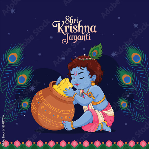 Shri Krishna Jayanti Hindu Deity Child Stealing Butter Illustration