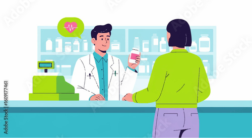Male pharmacist assisting female customer buying prescription medicine at drugstore counter