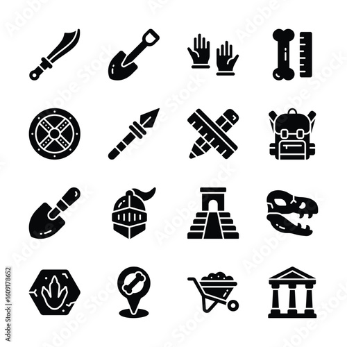 Get this handy collection of archeology research glyph style icons