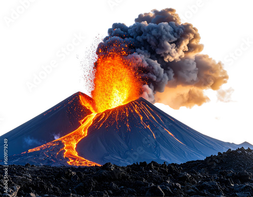 Silhouette Volcano with Backlit Lava Explosion and Smoke Cloud – Distant Wide-Angle, Transparent Background