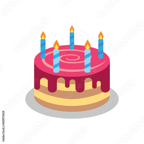Illustration of Delicious Birthday Cake: Vibrant Pink Frosting, Lit Candles, Festive Celebration vector