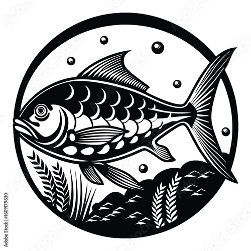 Fishing logo. Bass fish club emblem. Fishing theme vector illustration. Isolated on white Background	
