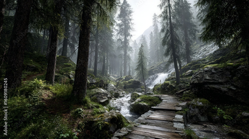 Obraz premium Misty Forest Path With Waterfall In Mountains