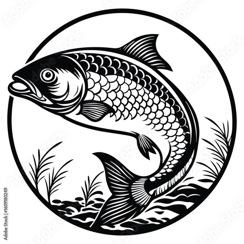 Fishing logo. Bass fish club emblem. Fishing theme vector illustration. Isolated on white Background	
