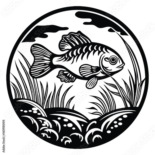 Fishing logo. Bass fish club emblem. Fishing theme vector illustration. Isolated on white Background	
