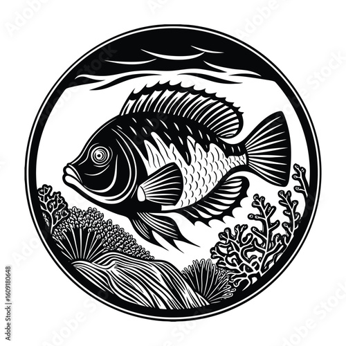Fishing logo. Bass fish club emblem. Fishing theme vector illustration. Isolated on white Background	
