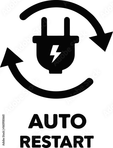 Auto restart icon with plug and circular arrow, isolated on white