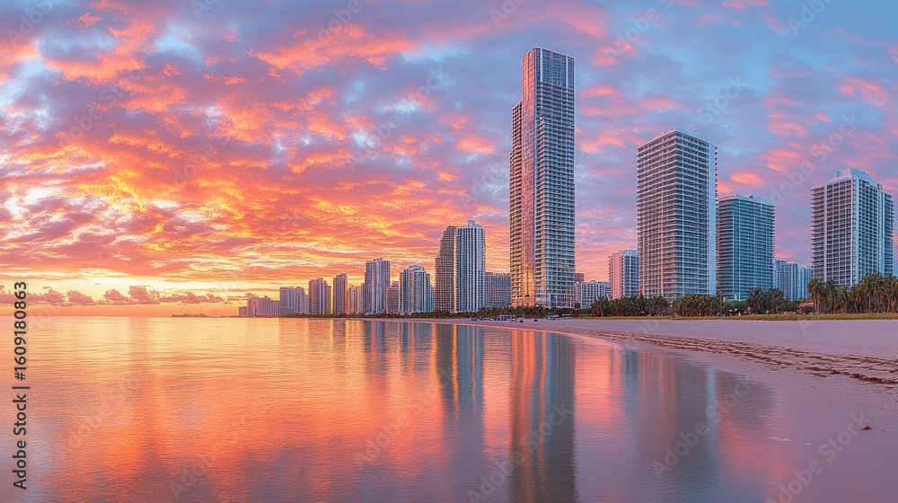 Obraz premium Sunrise over Miami Beach skyline reflected in calm water