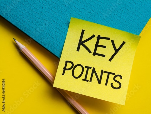 The word key points on yellow sticky note paper with a pencil and binder.