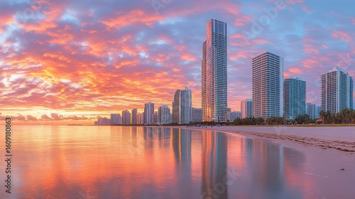 Sunrise over Miami Beach skyline reflected in calm water