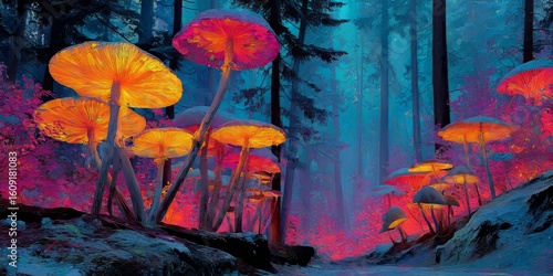 Glowing mushrooms with vibrant orange and red caps illuminate a surreal forest with deep blue trees