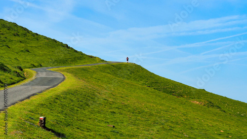 a solitary pilgrim on the road in the first stage of the Camino de Santiago from Saint Jean Pied de Port to Roncesvalles