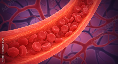 A detailed illustration of red blood cells flowing through a blood vessel, part of the human circulatory system.