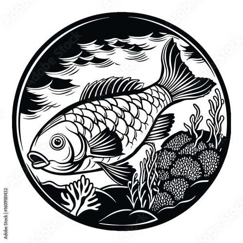 Fishing logo. Bass fish club emblem. Fishing theme vector illustration. Isolated on white Background	
