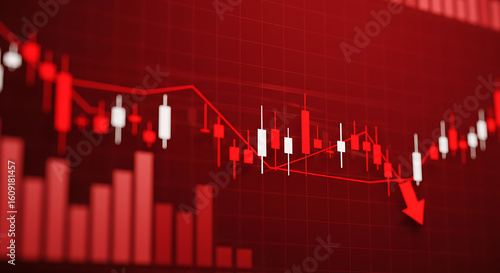 A declining red stock market graph with a downward arrow symbolizes a financial crisis and economic recession.