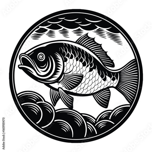 Fishing logo. Bass fish club emblem. Fishing theme vector illustration. Isolated on white Background	
