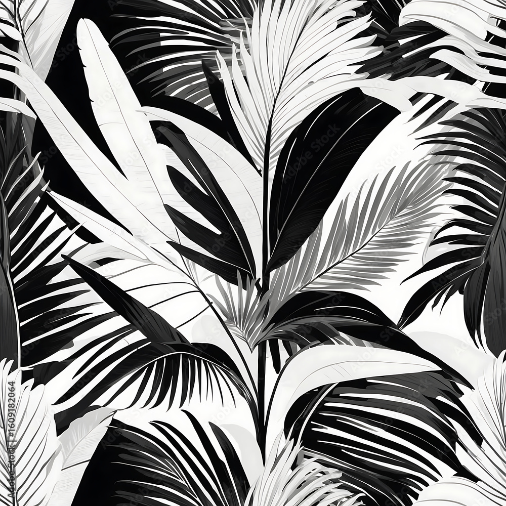 Monochrome tropical foliage pattern illustration