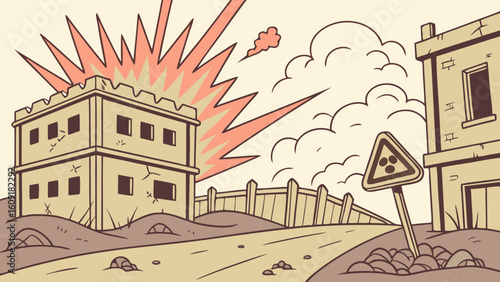 Illustration of war zone with building explosion and radiation warning sign in destroyed town scene art
