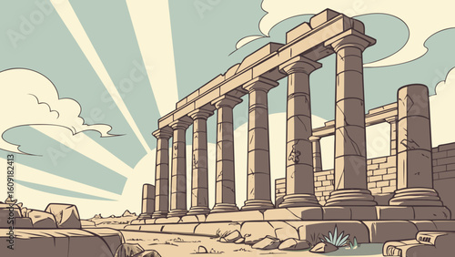 Illustration of ancient greek temple ruins with columns and sky for travel and history content use case