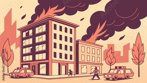 Building fire emergency disaster rescue firefighters and police cars illustration for news and safety awareness