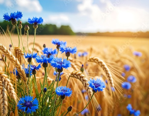 Blue cornflowers blooming in a wheat field under a bright summer sky in Europe