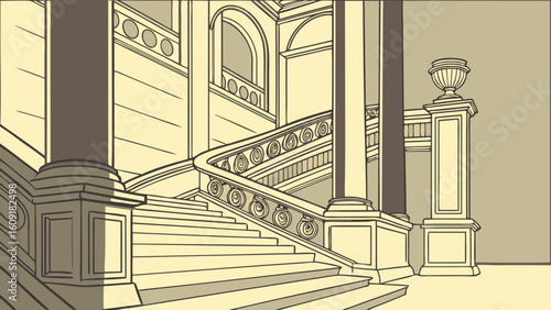 Illustration of grand staircase architecture with columns and ornate railing in a classic building