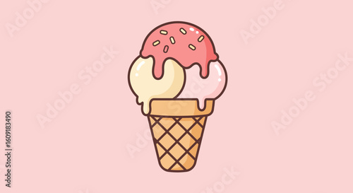 Delicious ice cream cone with strawberry, vanilla, and pink flavors makes a sweet summery treat