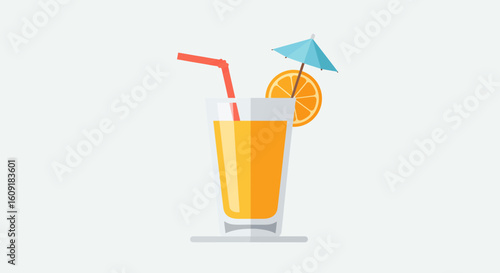 Refreshing orange juice with straw and umbrella garnish, perfect for summer vibes and tropical escapes