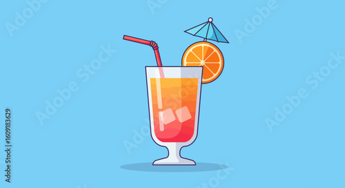 Refreshing tropical drink with orange slice and tiny umbrella for summer vacation vibes and relaxation themes